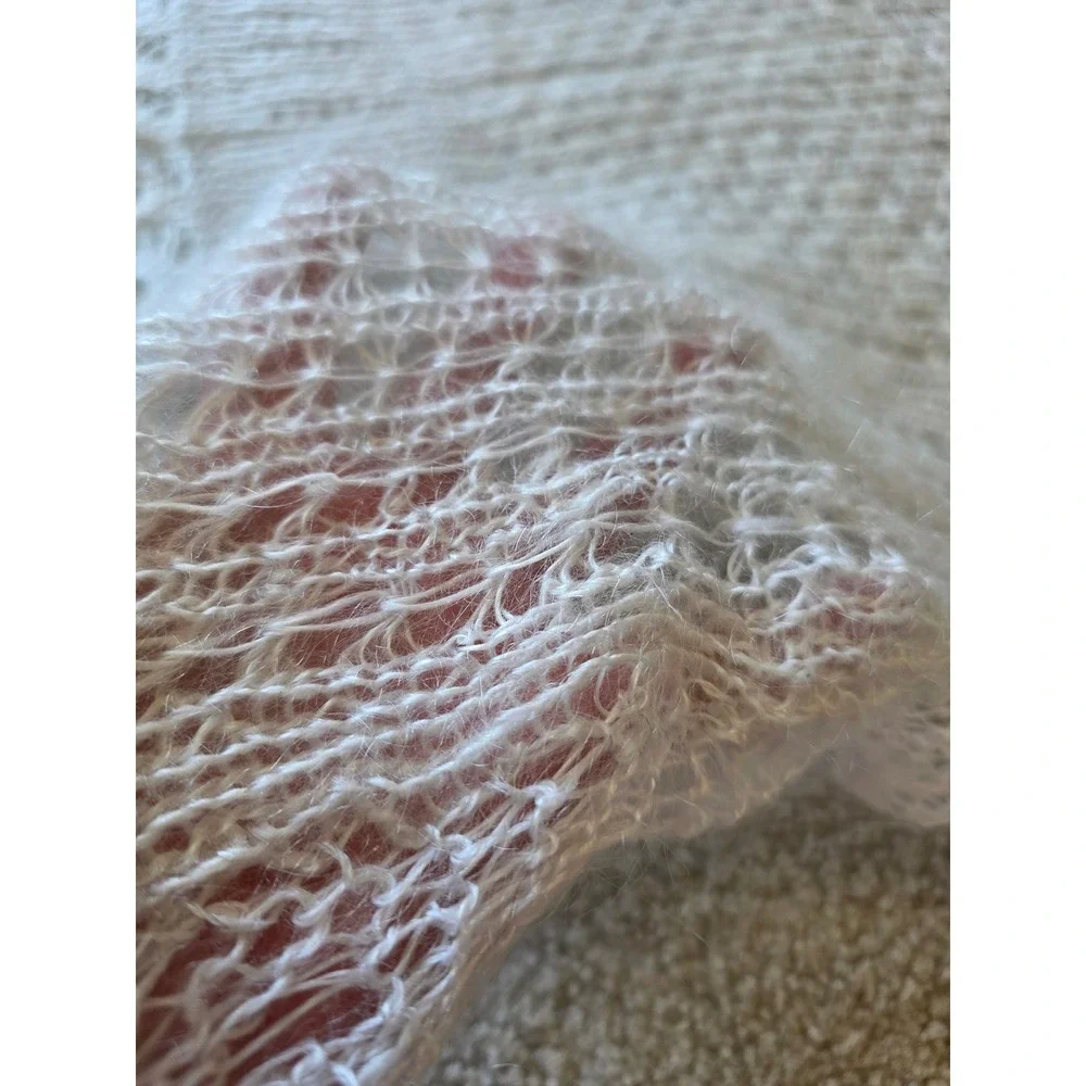 Handmade vintage Russian Lace Knit Shawl Square Cream Ivory Scalloped Edge Wrap